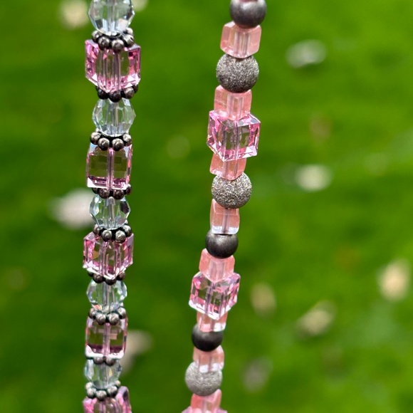 2 Handmade Pink & Clear Crystal w/ Silver Accents Bracelets - Picture 4 of 15